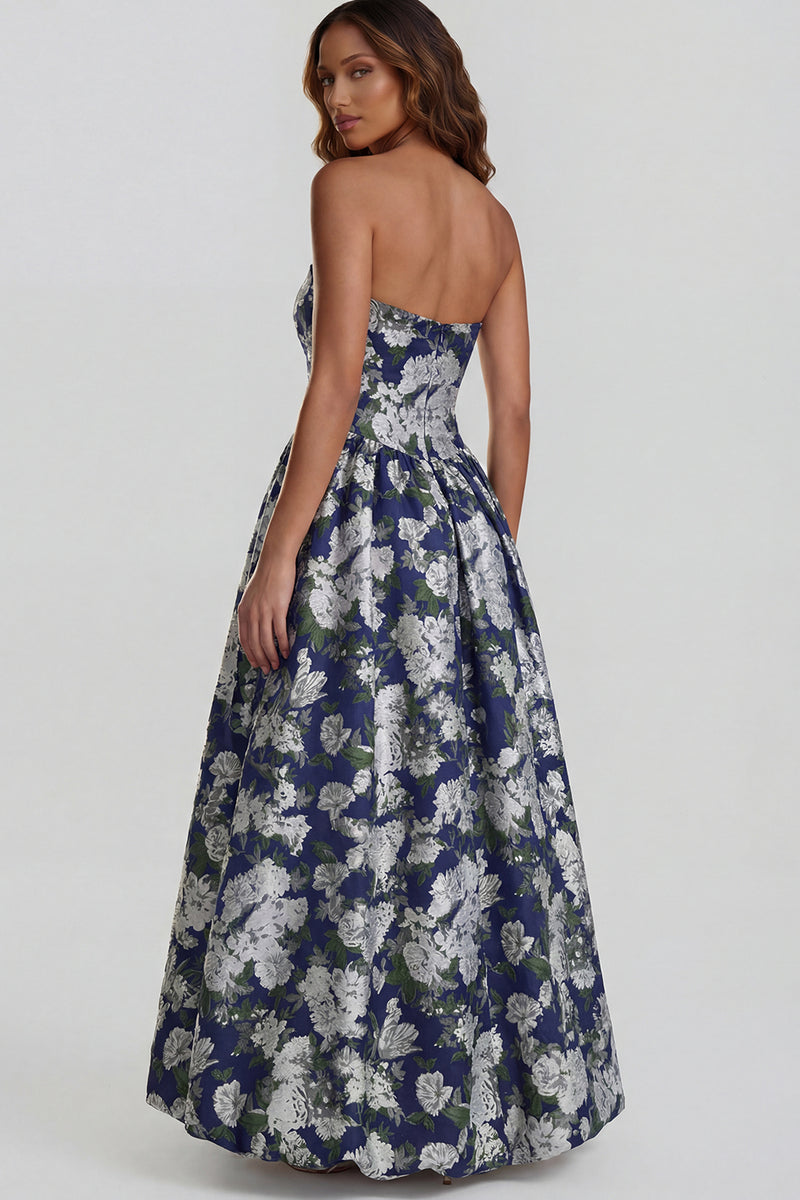 Load image into Gallery viewer, Floral Strapless Blue and White A Line Long Prom Dress with Slit