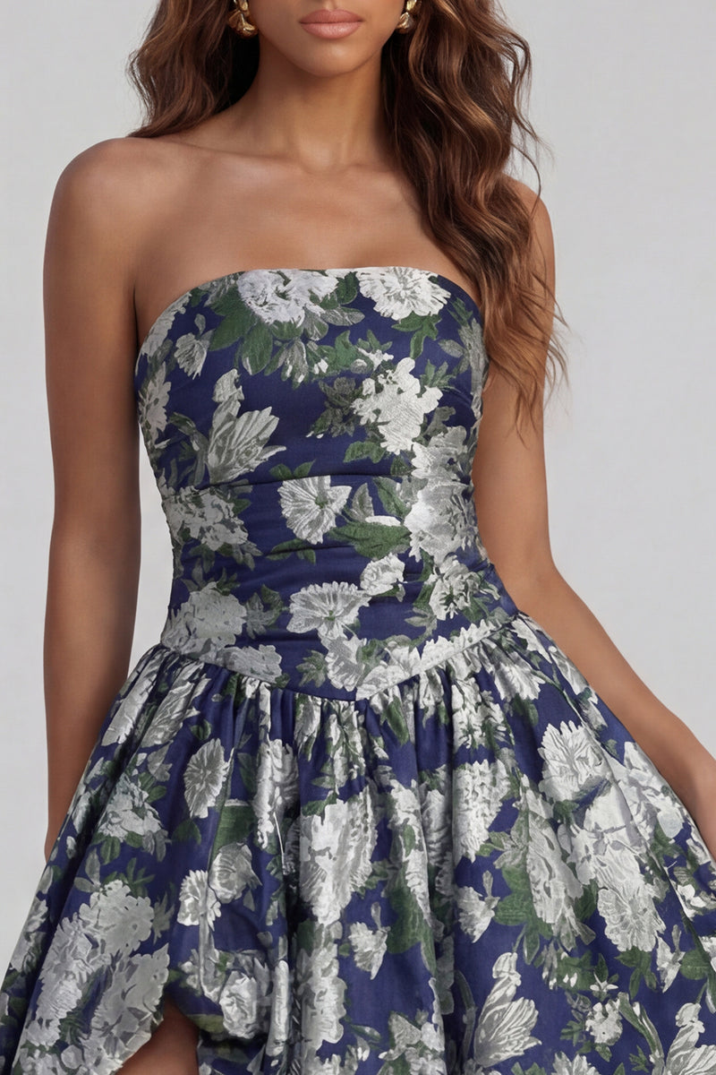 Load image into Gallery viewer, Floral Strapless Blue and White A Line Long Prom Dress with Slit