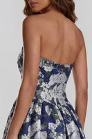 Load image into Gallery viewer, Floral Strapless Blue and White A Line Long Prom Dress with Slit