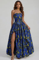 Load image into Gallery viewer, Floral Strapless Blue and White A Line Long Prom Dress with Slit