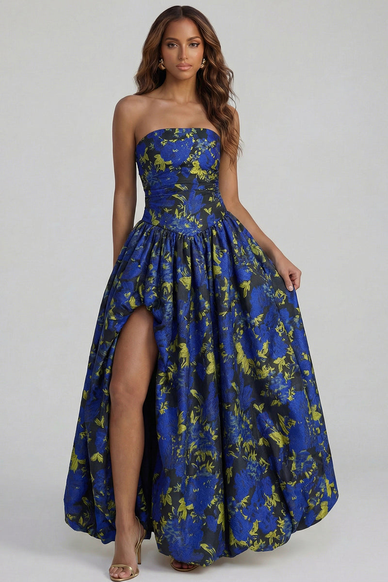 Load image into Gallery viewer, Floral Strapless Blue and White A Line Long Prom Dress with Slit