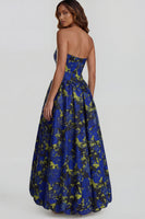 Load image into Gallery viewer, Floral Strapless Blue and White A Line Long Prom Dress with Slit