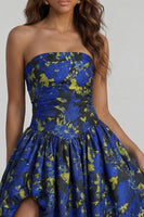 Load image into Gallery viewer, Floral Strapless Blue and White A Line Long Prom Dress with Slit