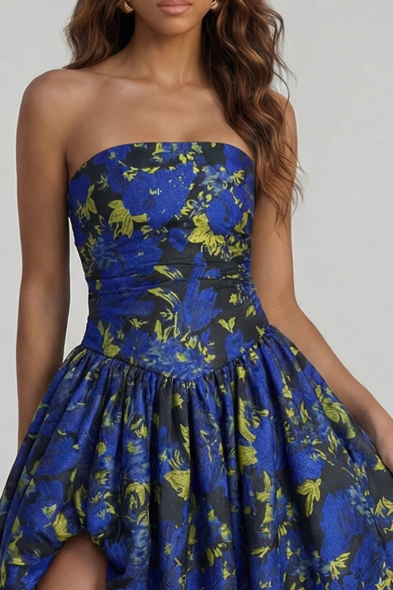 Load image into Gallery viewer, Floral Strapless Blue and White A Line Long Prom Dress with Slit