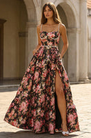 Load image into Gallery viewer, Black and Pink Floral A Line Long Spaghetti Straps Prom Dress with Pearls
