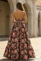 Load image into Gallery viewer, Black and Pink Floral A Line Long Spaghetti Straps Prom Dress with Pearls