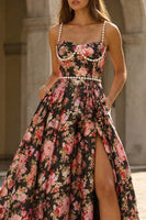 Load image into Gallery viewer, Black and Pink Floral A Line Long Spaghetti Straps Prom Dress with Pearls