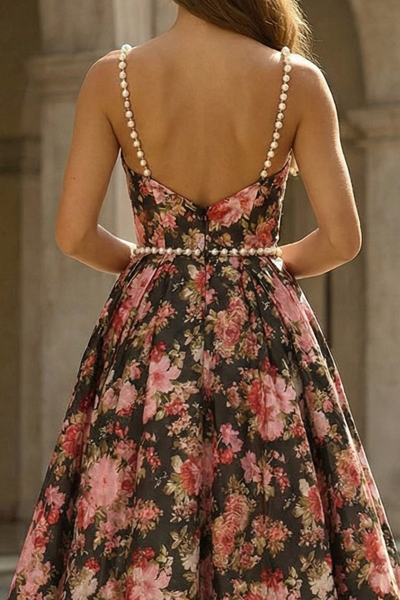 Load image into Gallery viewer, Black and Pink Floral A Line Long Spaghetti Straps Prom Dress with Pearls