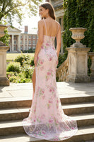 Load image into Gallery viewer, Sparkly Floral Pink Spaghetti Straps Mermaid Long Prom Dress with Slit