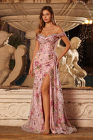 Load image into Gallery viewer, Sparkly Pink Floral Corset Mermaid Off The Shoulder Long Prom Dress with Side Cape