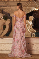 Load image into Gallery viewer, Sparkly Pink Floral Corset Mermaid Off The Shoulder Long Prom Dress with Side Cape