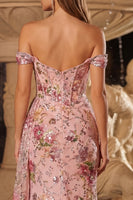 Load image into Gallery viewer, Sparkly Pink Floral Corset Mermaid Off The Shoulder Long Prom Dress with Side Cape
