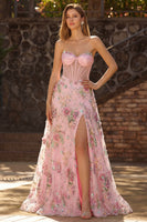 Load image into Gallery viewer, Sparkly Pink Floral Sweetheart Corset A Line Long Prom Dress with Slit