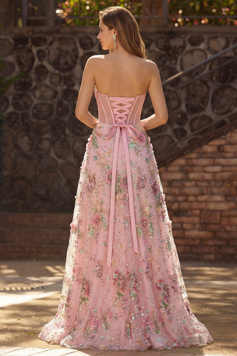 Load image into Gallery viewer, Sparkly Pink Floral Sweetheart Corset A Line Long Prom Dress with Slit