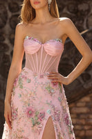 Load image into Gallery viewer, Sparkly Pink Floral Sweetheart Corset A Line Long Prom Dress with Slit