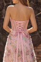 Load image into Gallery viewer, Sparkly Pink Floral Sweetheart Corset A Line Long Prom Dress with Slit