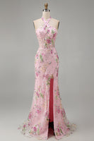 Load image into Gallery viewer, Sparkly Pink Floral Mermaid Sequins Halter Long Corset Prom Dress with Slit