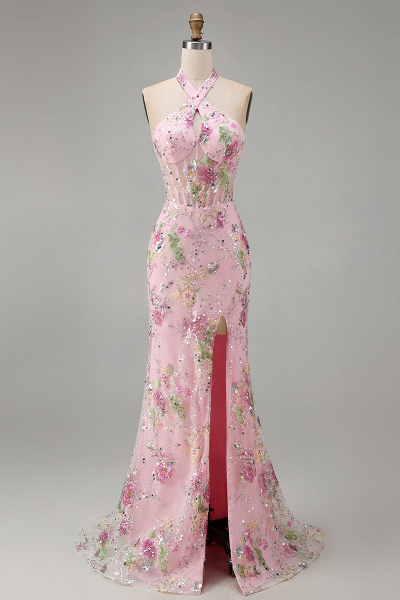 Load image into Gallery viewer, Sparkly Pink Floral Mermaid Sequins Halter Long Corset Prom Dress with Slit