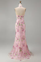 Load image into Gallery viewer, Sparkly Pink Floral Mermaid Sequins Halter Long Corset Prom Dress with Slit