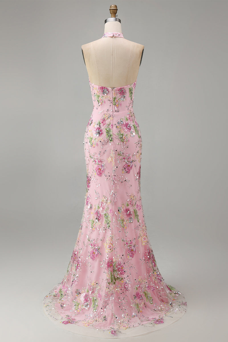 Load image into Gallery viewer, Sparkly Pink Floral Mermaid Sequins Halter Long Corset Prom Dress with Slit