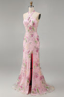 Load image into Gallery viewer, Sparkly Pink Floral Mermaid Sequins Halter Long Corset Prom Dress with Slit