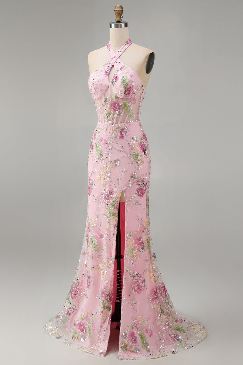 Load image into Gallery viewer, Sparkly Pink Floral Mermaid Sequins Halter Long Corset Prom Dress with Slit
