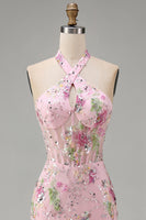 Load image into Gallery viewer, Sparkly Pink Floral Mermaid Sequins Halter Long Corset Prom Dress with Slit