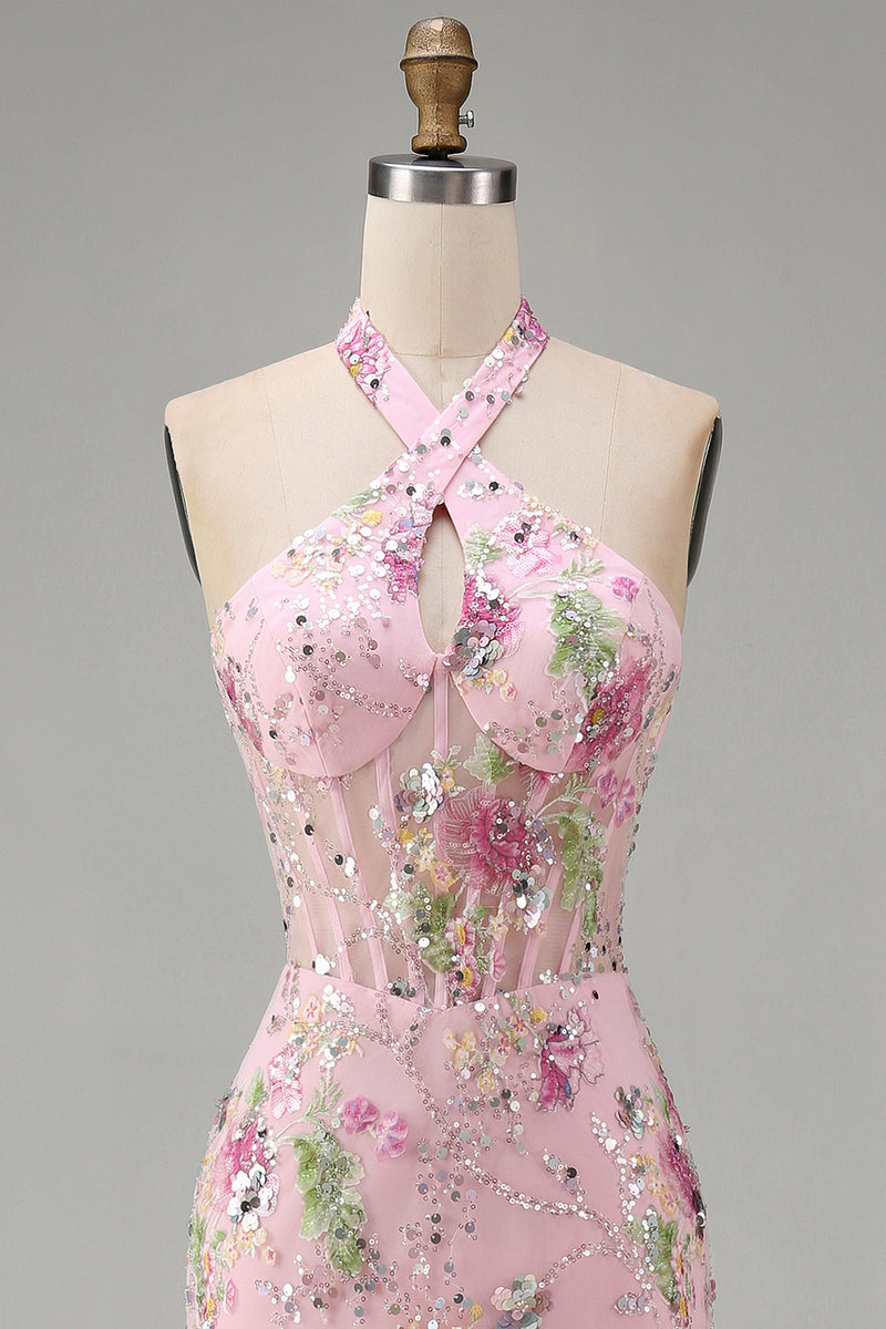 Load image into Gallery viewer, Sparkly Pink Floral Mermaid Sequins Halter Long Corset Prom Dress with Slit