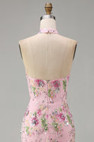 Load image into Gallery viewer, Sparkly Pink Floral Mermaid Sequins Halter Long Corset Prom Dress with Slit