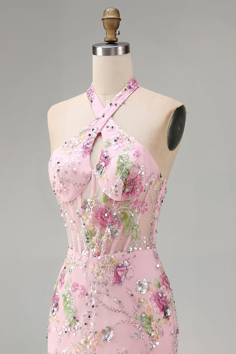 Load image into Gallery viewer, Sparkly Pink Floral Mermaid Sequins Halter Long Corset Prom Dress with Slit