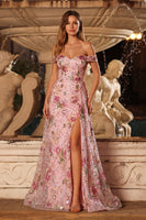 Load image into Gallery viewer, Sparkly Pink Sequins Floral Off The Shoulder A Line Long Prom Dress with Slit