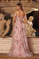 Load image into Gallery viewer, Sparkly Pink Sequins Floral Off The Shoulder A Line Long Prom Dress with Slit