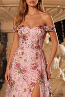 Load image into Gallery viewer, Sparkly Pink Sequins Floral Off The Shoulder A Line Long Prom Dress with Slit