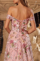 Load image into Gallery viewer, Sparkly Pink Sequins Floral Off The Shoulder A Line Long Prom Dress with Slit