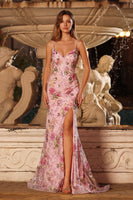 Load image into Gallery viewer, Sparkly Pink Floral Mermaid Sequins Spaghetti Straps Long Prom Dress with Slit