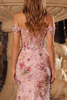 Load image into Gallery viewer, Sparkly Pink Floral Sequins Corset Mermaid Long Prom Dress with Slit