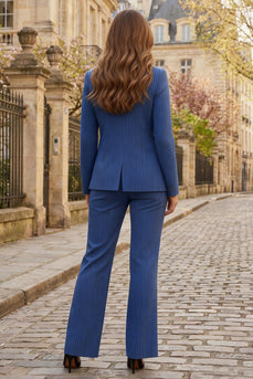 Royal Blue Striped 2 Piece Peak Lapel Single Breasted Business Suits