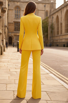 Yellow 2 Piece Peak Lapel Single Breasted Wide Leg Business Suits
