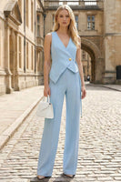 Load image into Gallery viewer, 2 Piece Sky Blue Single Breasted V Neck Wide Leg Business Suits