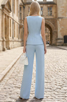 Load image into Gallery viewer, 2 Piece Sky Blue Single Breasted V Neck Wide Leg Business Suits