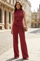 Load image into Gallery viewer, Burgundy 2 Piece Wide Leg High Neck Business Suits