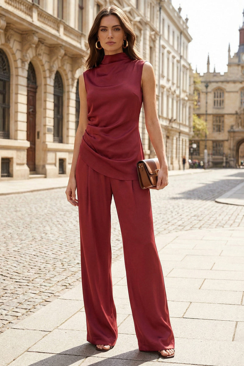 Load image into Gallery viewer, Burgundy 2 Piece Wide Leg High Neck Business Suits