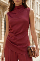 Load image into Gallery viewer, Burgundy 2 Piece Wide Leg High Neck Business Suits