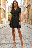 Load image into Gallery viewer, Black Double Breasted Short Tweed Work Dress with Sleeves