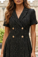 Load image into Gallery viewer, Black Double Breasted Short Tweed Work Dress with Sleeves