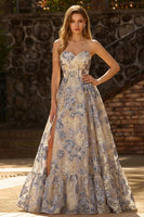 Load image into Gallery viewer, Dusty Blue Floral Sweetheart Ruffled Long Corset Prom Dress with Slit