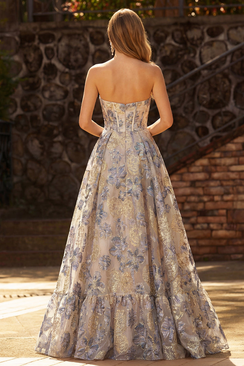 Load image into Gallery viewer, Dusty Blue Floral Sweetheart Ruffled Long Corset Prom Dress with Slit