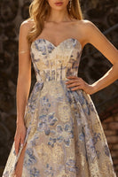 Load image into Gallery viewer, Dusty Blue Floral Sweetheart Ruffled Long Corset Prom Dress with Slit