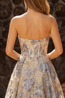 Load image into Gallery viewer, Dusty Blue Floral Sweetheart Ruffled Long Corset Prom Dress with Slit