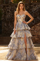 Load image into Gallery viewer, Sparkly Dusty Blue Tiered Floral Pearls Sweetheart Long Prom Dress with Slit